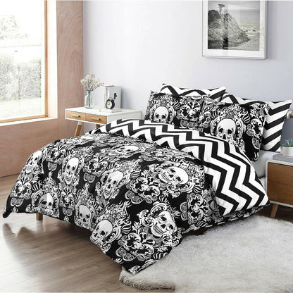 Halloween duvet cover set styled in a bedroom showing chevron reverse pillowcases