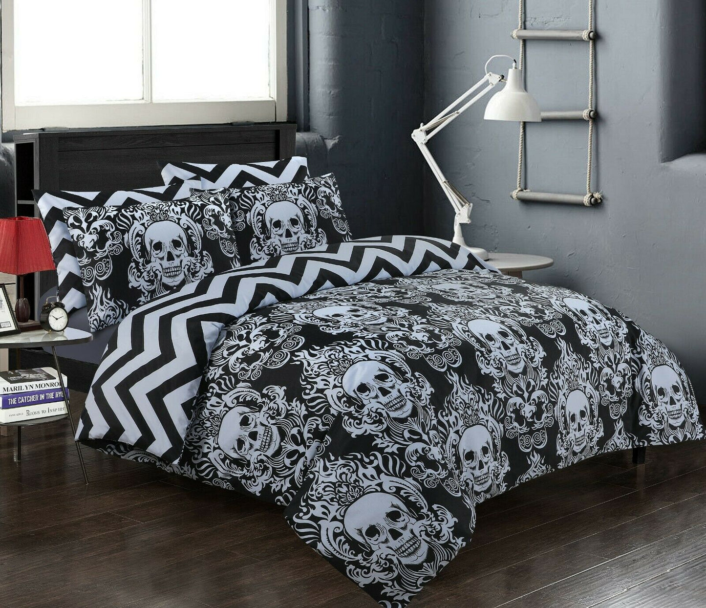 Halloween duvet cover set styled in an industrial-style bedroom with exposed brick