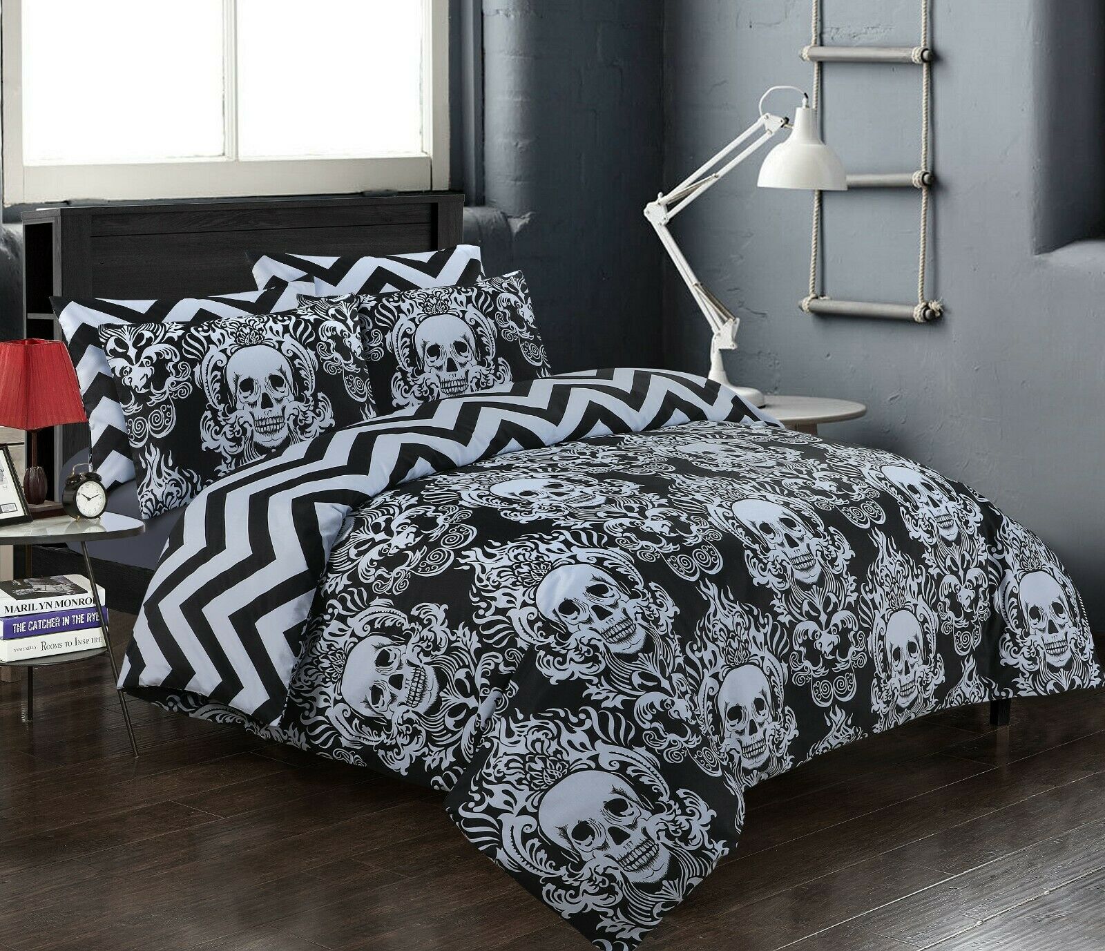 Halloween duvet cover set styled in an industrial-style bedroom with exposed brick