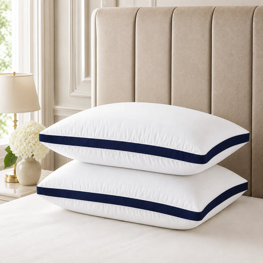 Hotel Pillow 2 Pack in white with navy piping