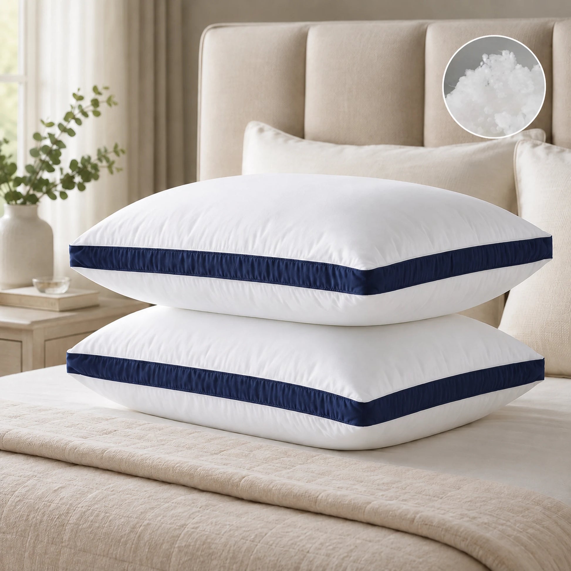 Hollowfibre filled hotel pillows with white cover and navy edge