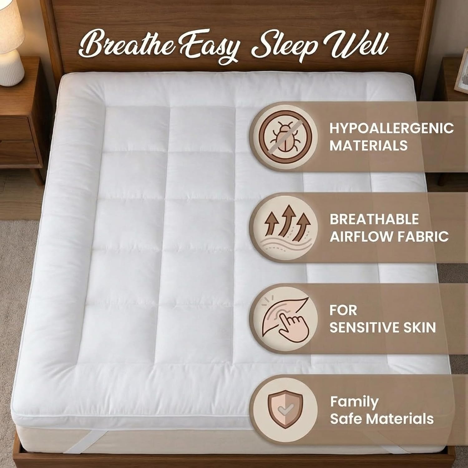 Hypoallergenic double mattress topper with breathable comfort materials