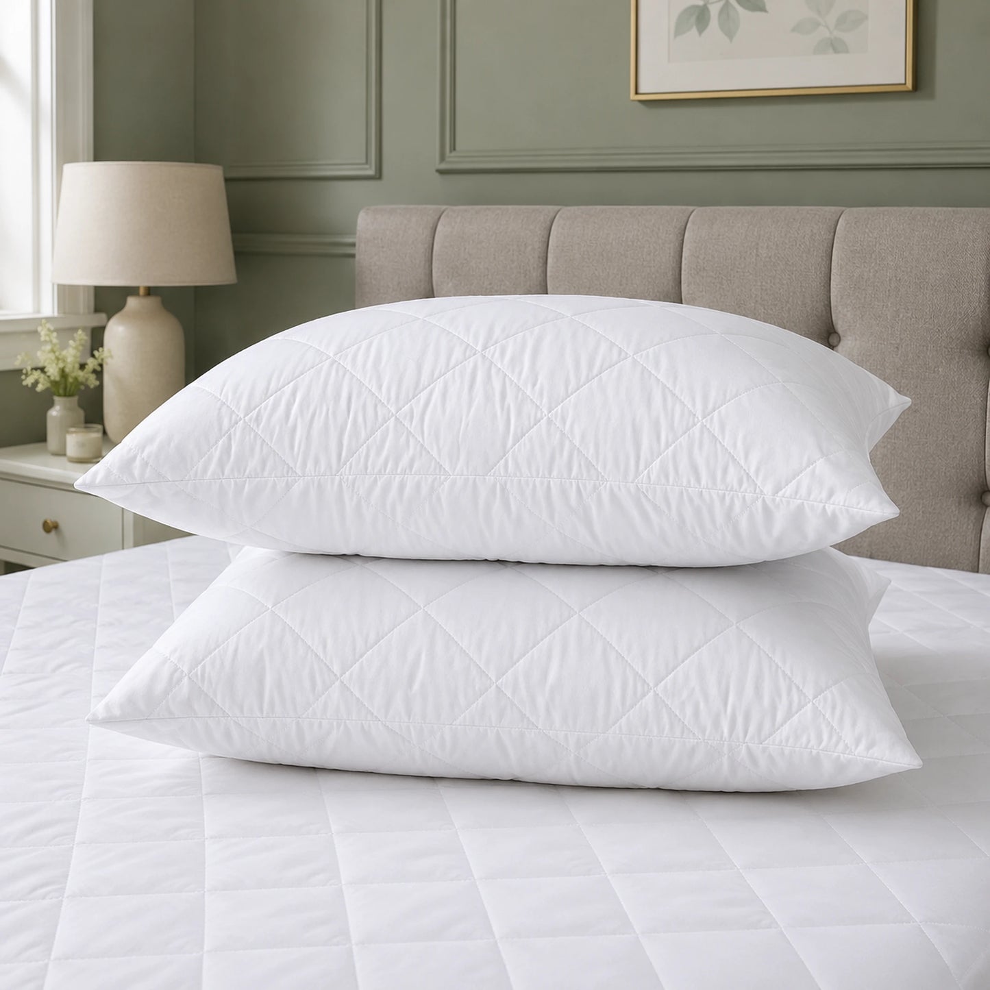 White quilted hotel quality pillow pair showing diamond quilting detail, machine washable — Stoftly UK
