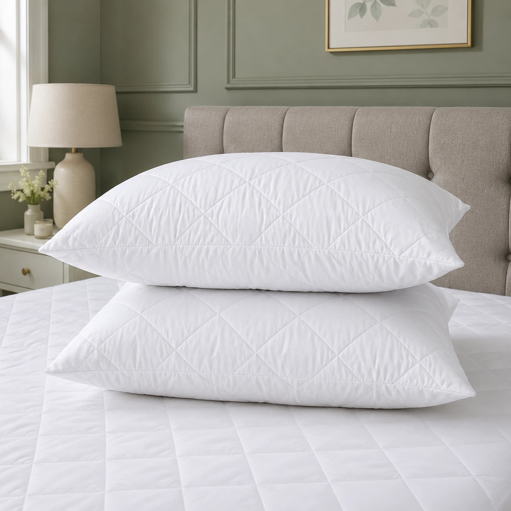 White quilted hotel quality pillow pair showing diamond quilting detail, machine washable — Stoftly UK