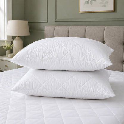 White quilted hotel quality pillow pair showing diamond quilting detail, machine washable — Stoftly UK