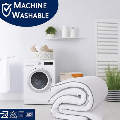 Machine washable mattress topper shown folded near washing machine