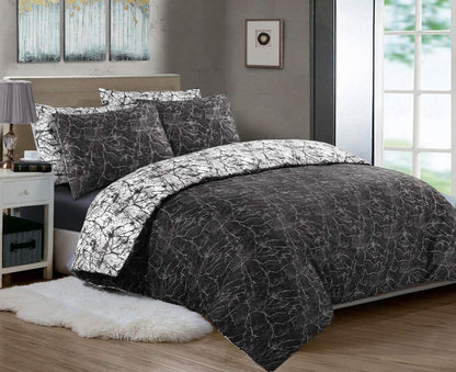 Black and white marble print duvet cover set styled on a bed