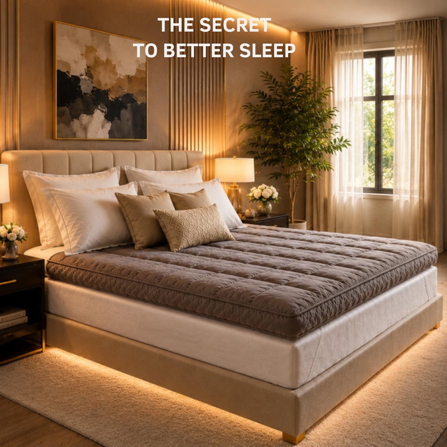 Grey mattress topper on bed with soft quilted comfort layer