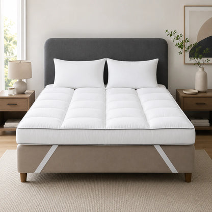 Mattress topper with quilted comfort layer and elasticated corner straps on bed
