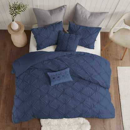 Navy pintuck duvet cover set with matching textured pillowcases