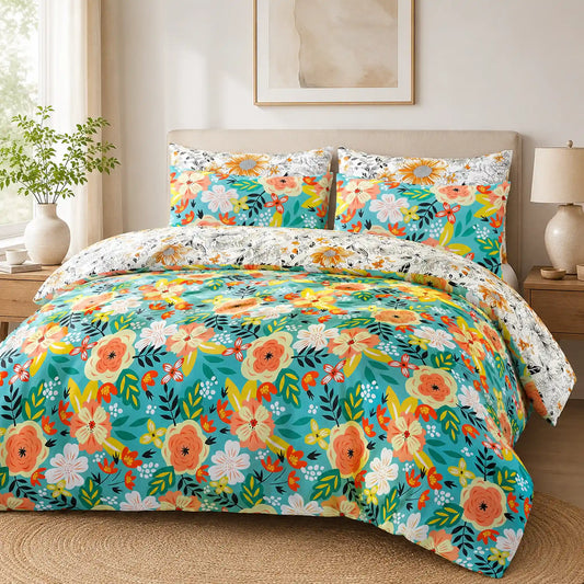 Bright floral duvet cover set on teal, folded back to show white sunflower sketch reverse