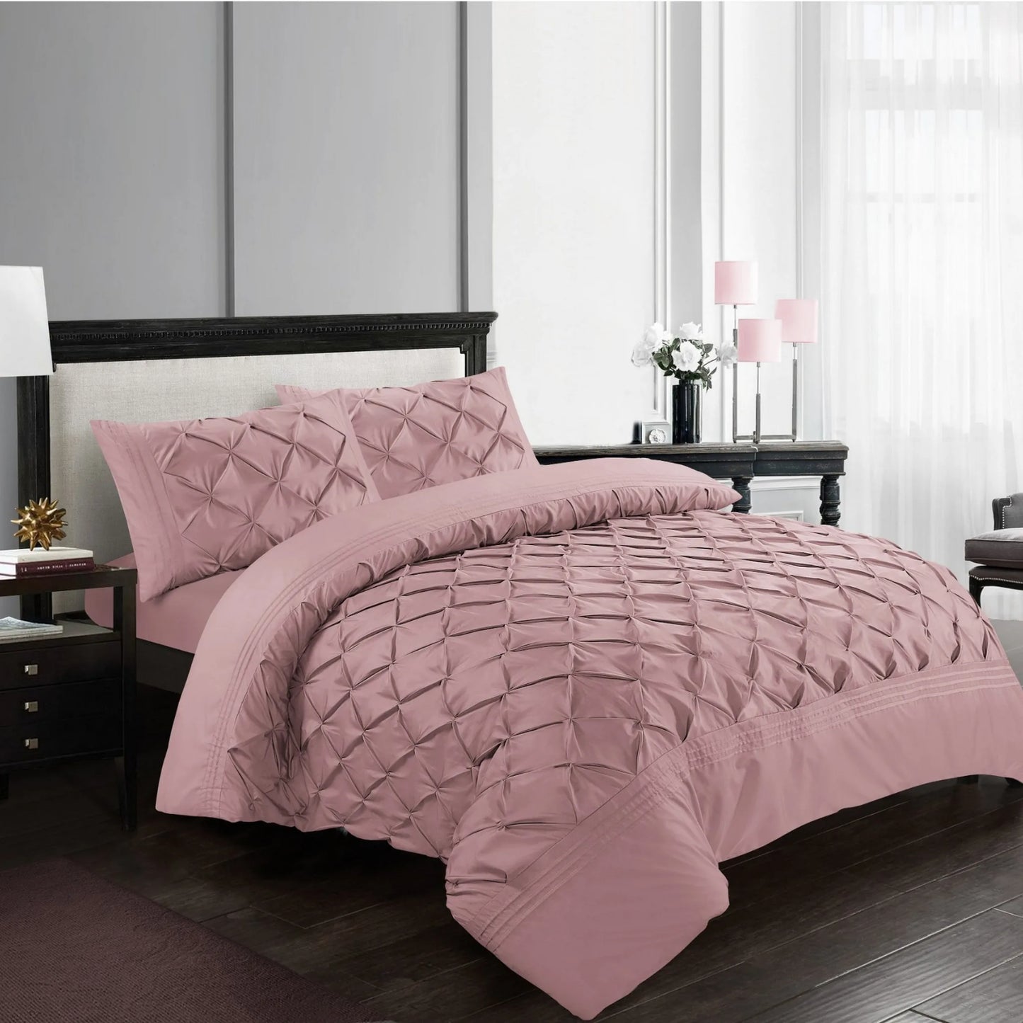Pink Deluxe Geometric Pintuck Duvet Cover Set with structured folded diamonds