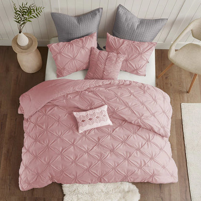 Pink pintuck duvet cover set with gathered diamond pattern