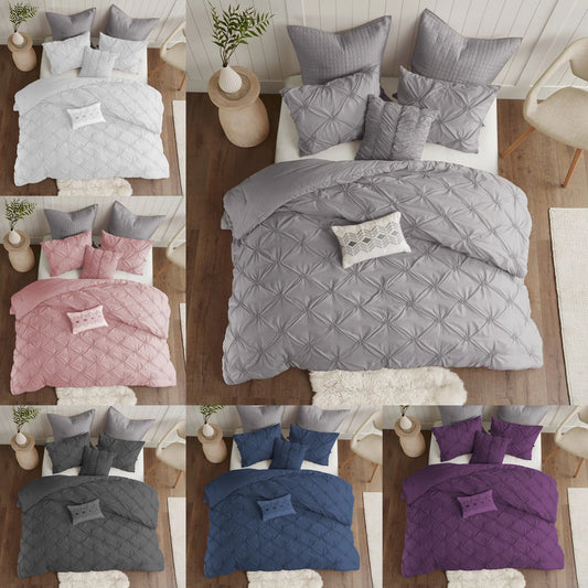 Pintuck duvet cover set colours including white pink silver charcoal navy and plum