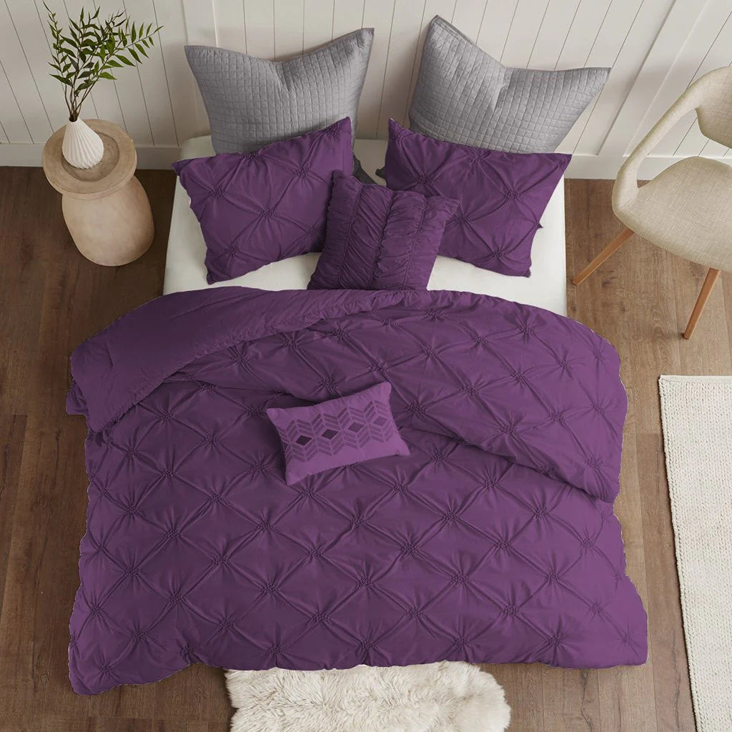 Plum pintuck duvet cover set with all-over textured detailing