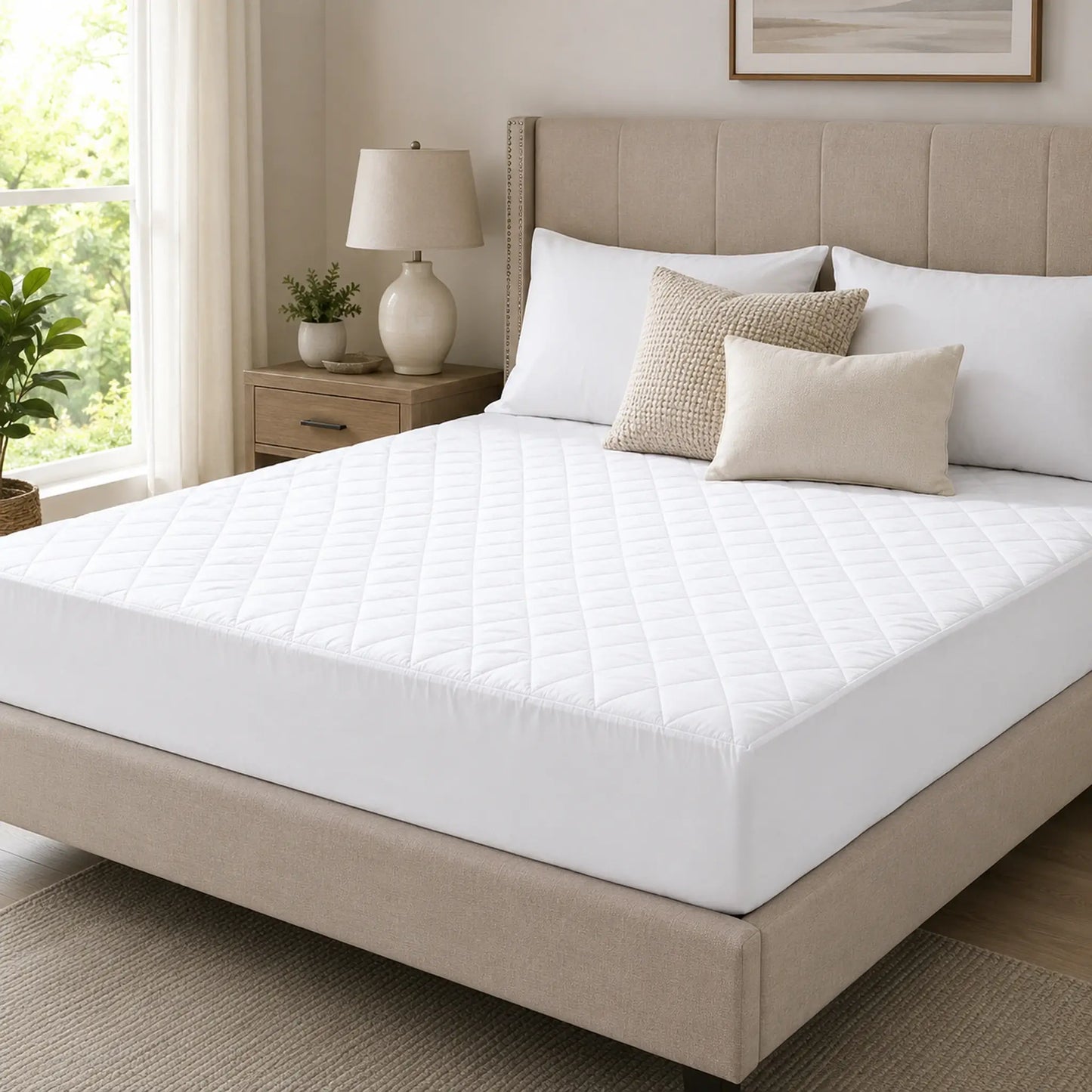 Quilted mattress protector with extra deep fitted skirt on bed