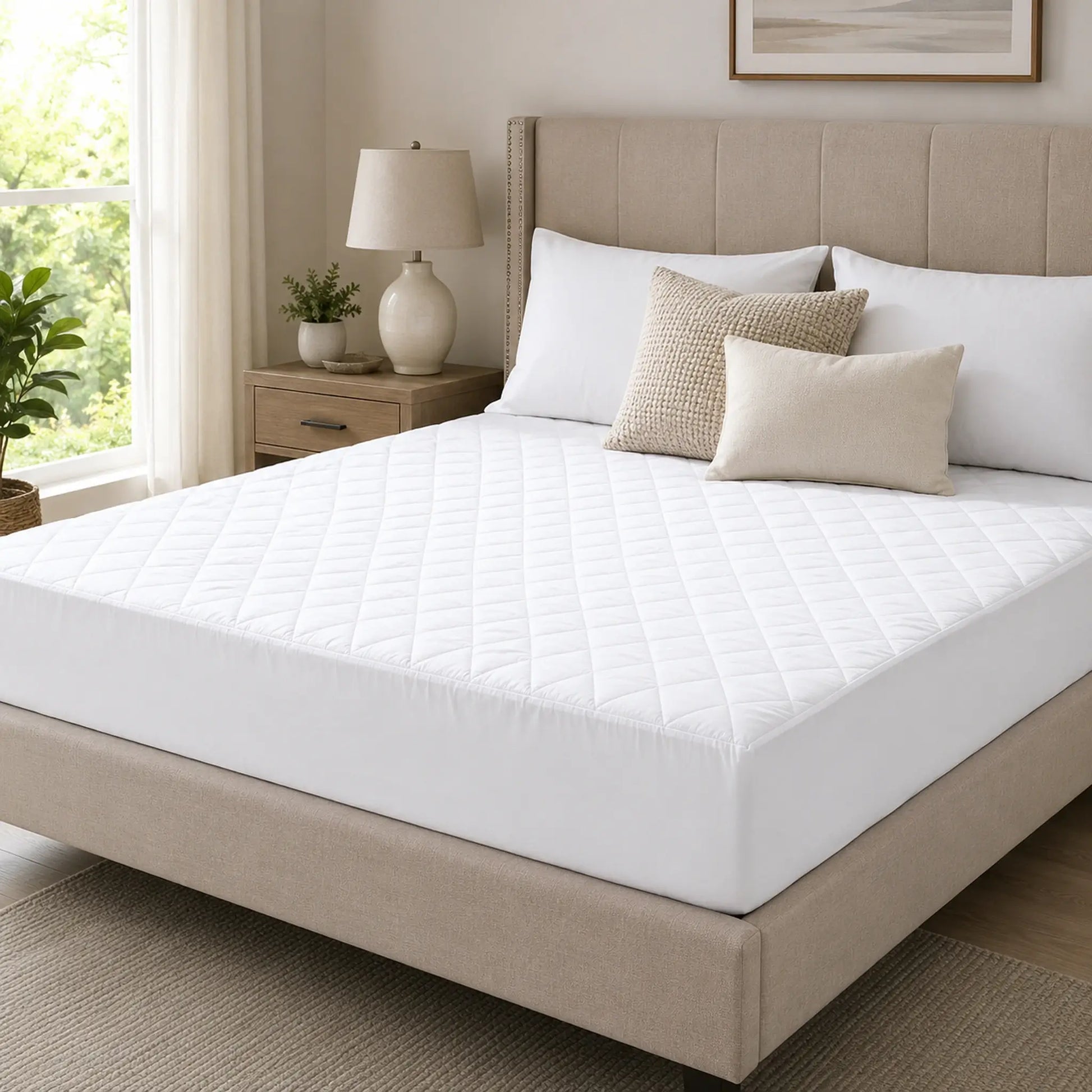 Quilted mattress protector with extra deep fitted skirt on bed
