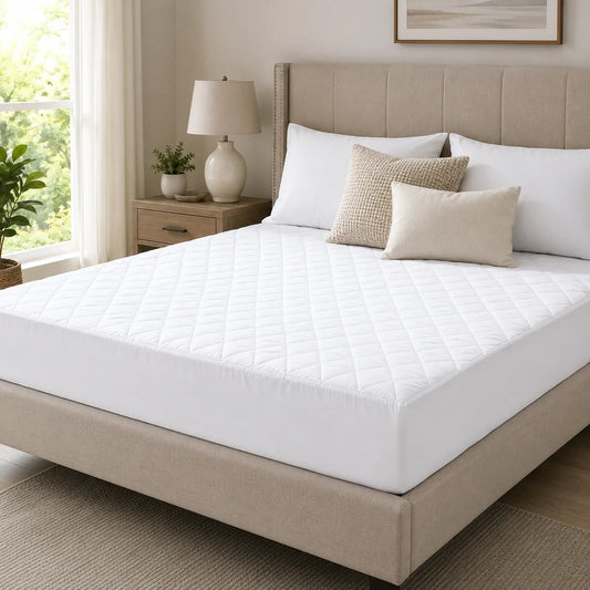 Quilted mattress protector with extra deep fitted skirt on bed