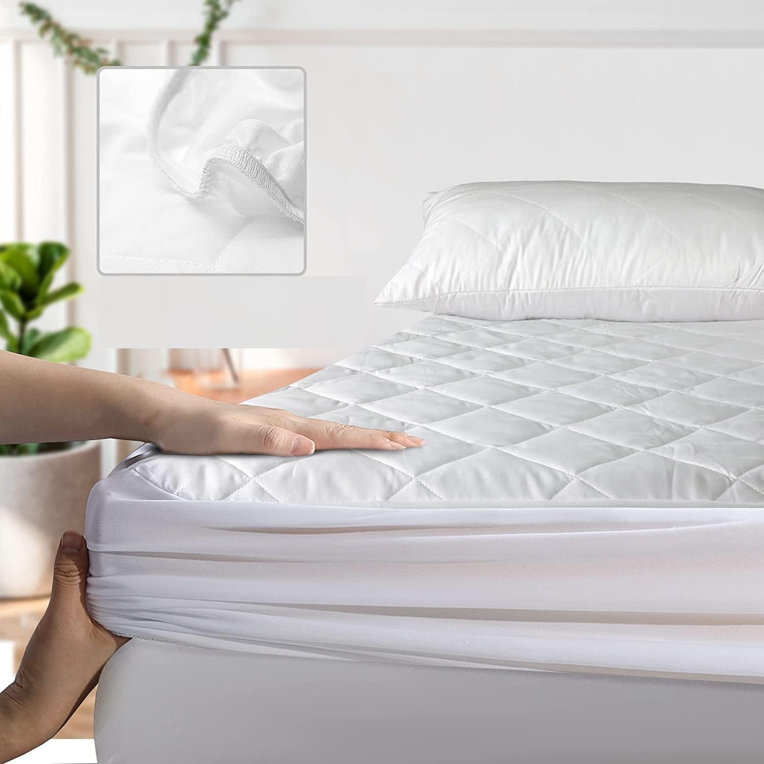 Quilted mattress protector with stretch fitted skirt for secure fit