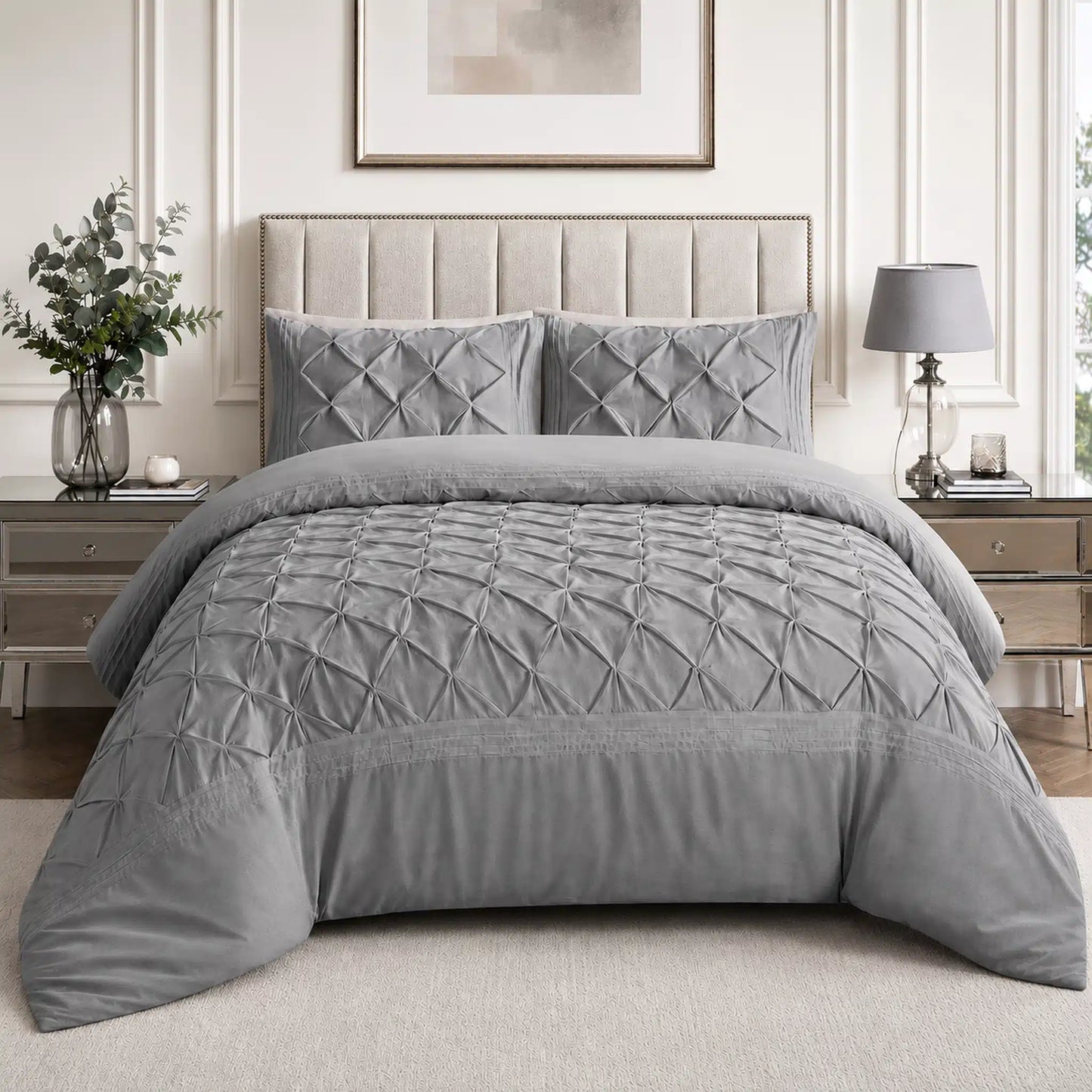 Silver Deluxe Geometric Pintuck Duvet Cover Set with structured folded diamonds