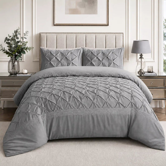 Silver Deluxe Geometric Pintuck Duvet Cover Set with structured folded diamonds