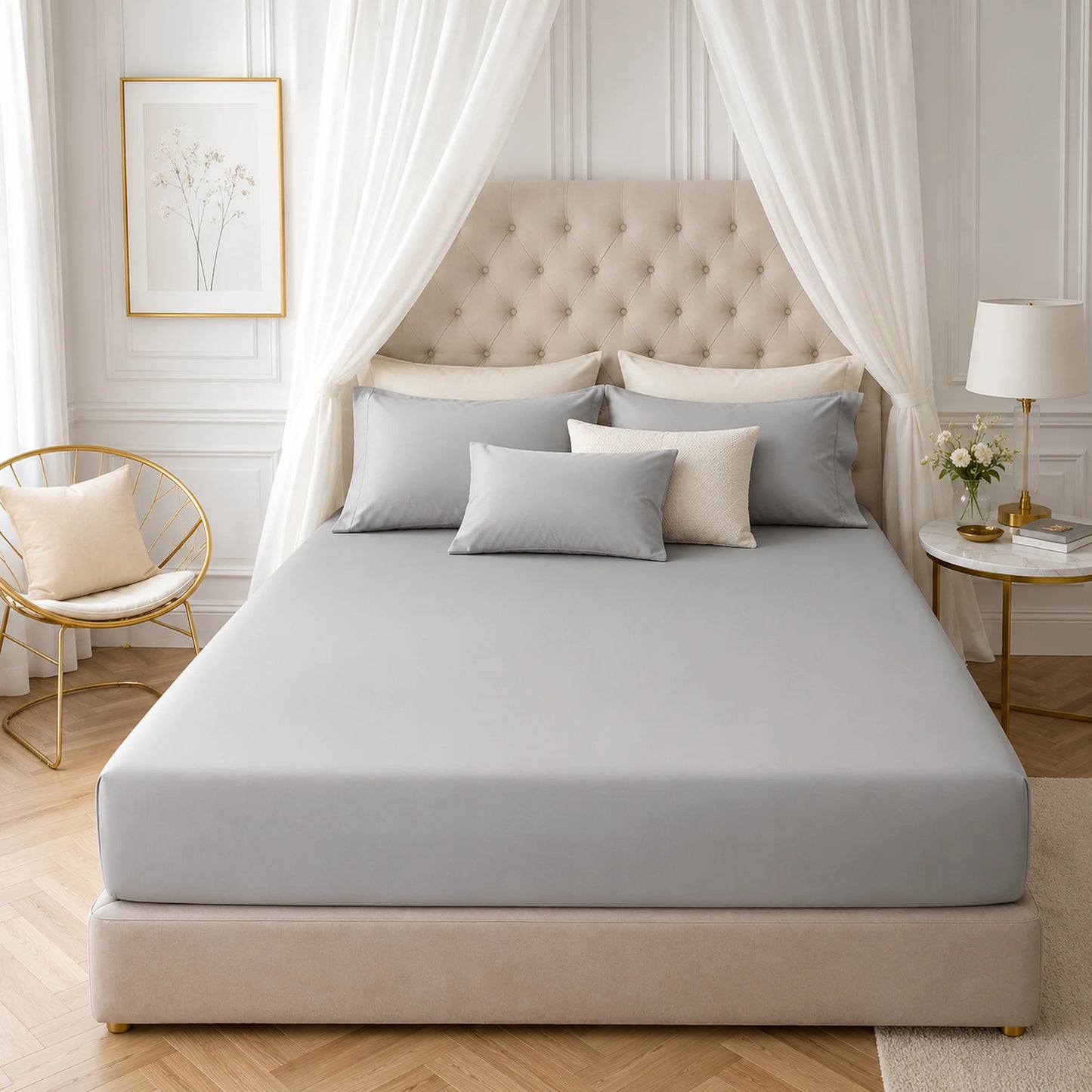Silver Grey 200 thread count 30cm deep fitted sheet on a bed