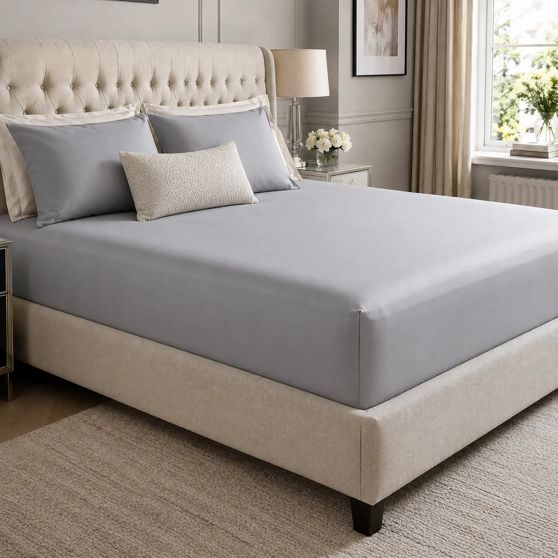 Silver Grey 600 thread count 30cm deep fitted sheet on a bed