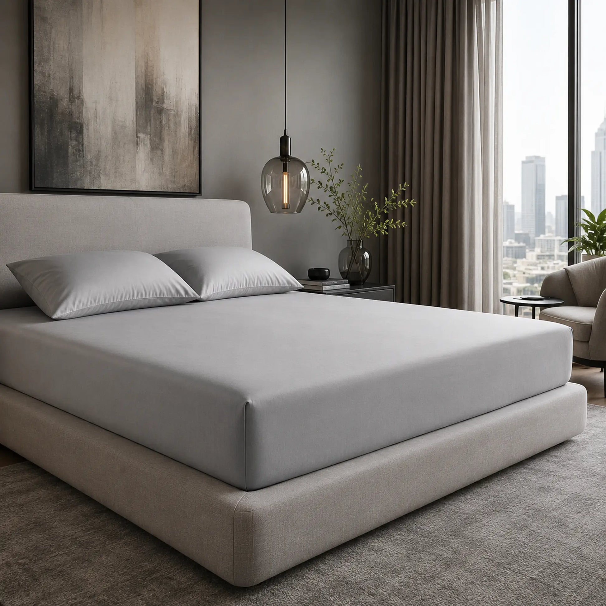 Silver Grey 600 thread count 40cm extra deep fitted sheet on a bed