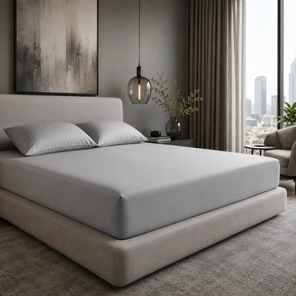 Silver Grey 600 thread count 40cm extra deep fitted sheet on a bed