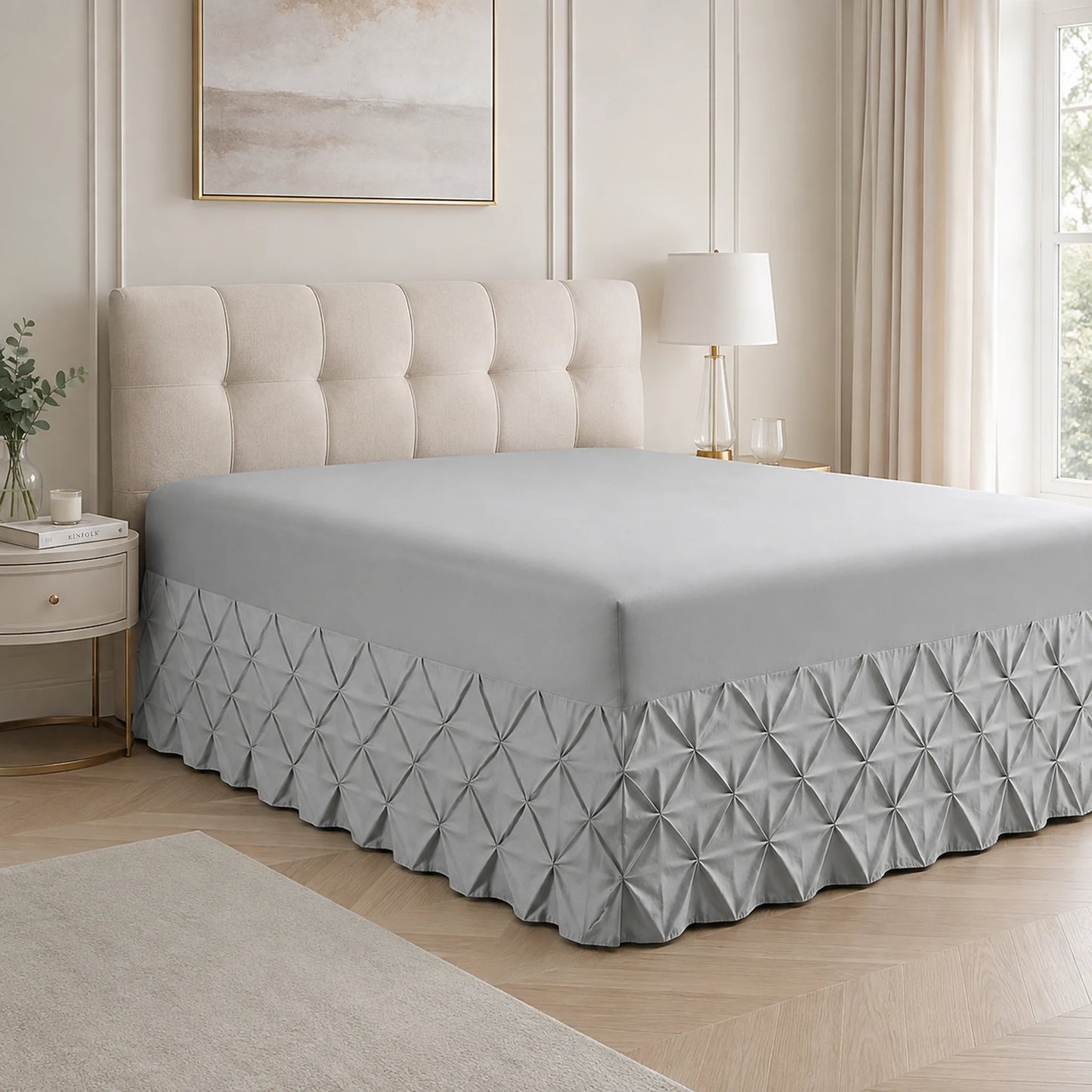 Silver Grey pintuck fitted valance sheet on a bed