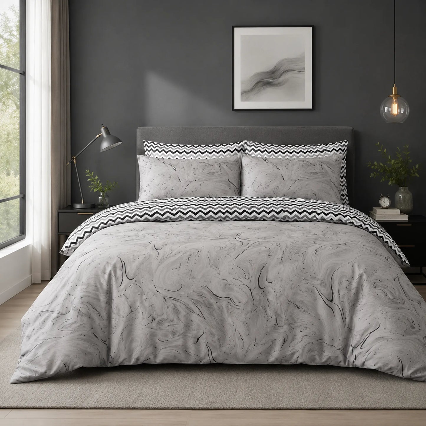 Grey marble print duvet cover set with reversible black and white chevron pillowcases