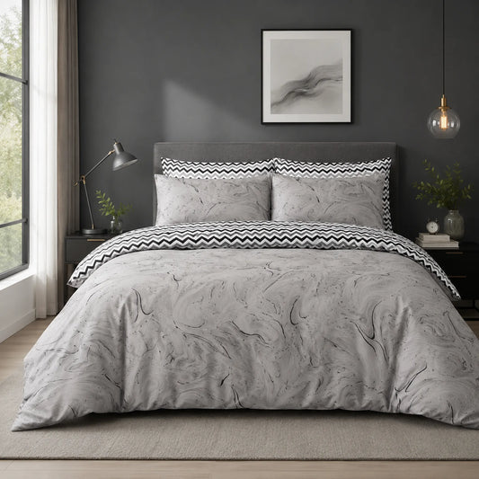 Grey marble print duvet cover set with reversible black and white chevron pillowcases