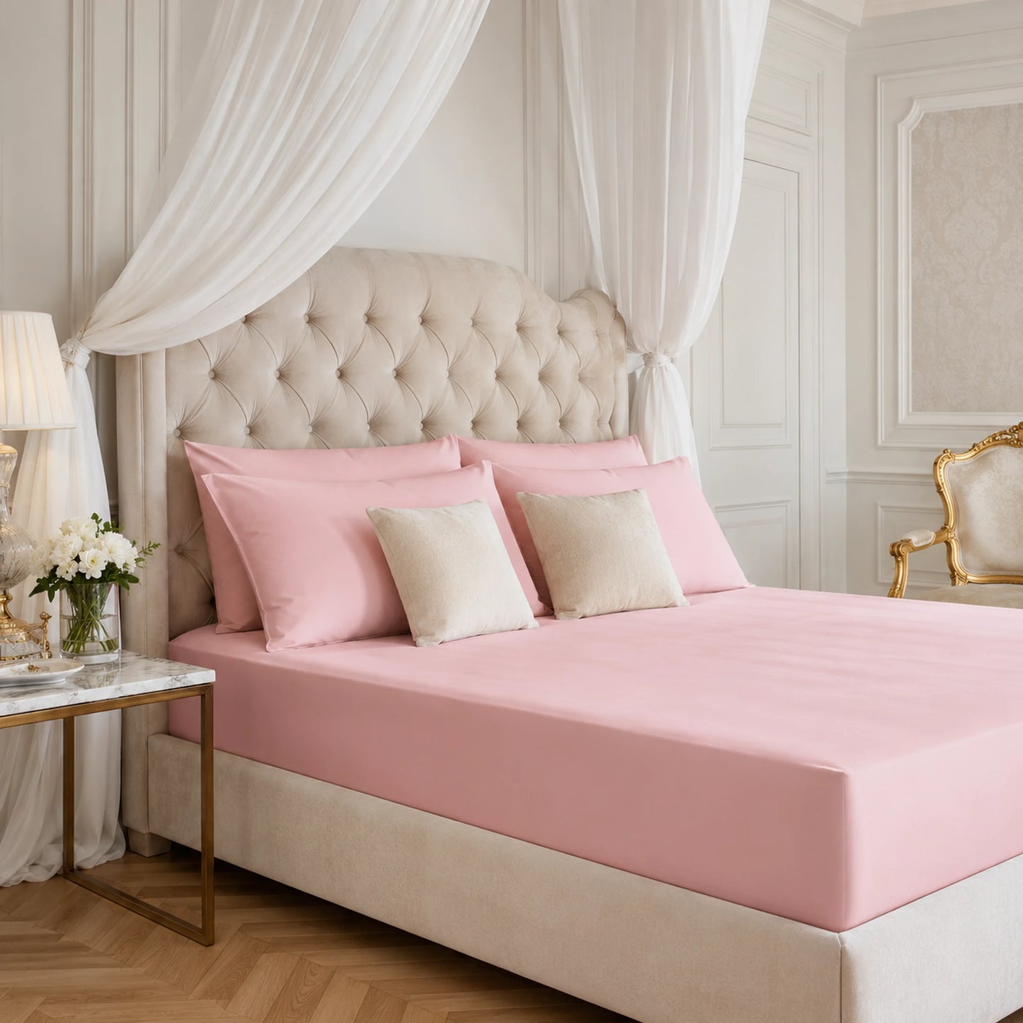 Pink 200 thread count 30cm deep fitted sheet on a bed