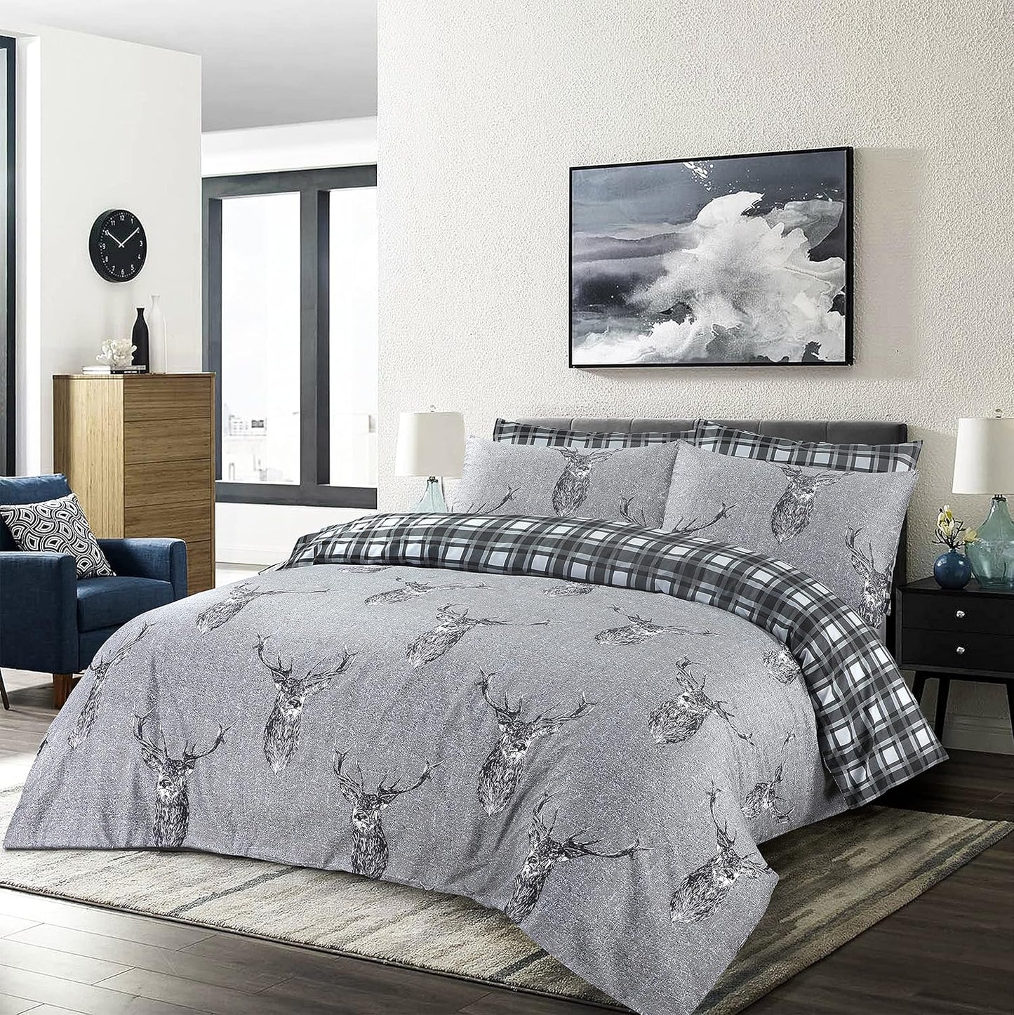 Stag Silver duvet cover set showing the reversible grey and white check side