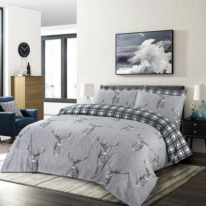 Stag Silver duvet cover set showing the reversible grey and white check side