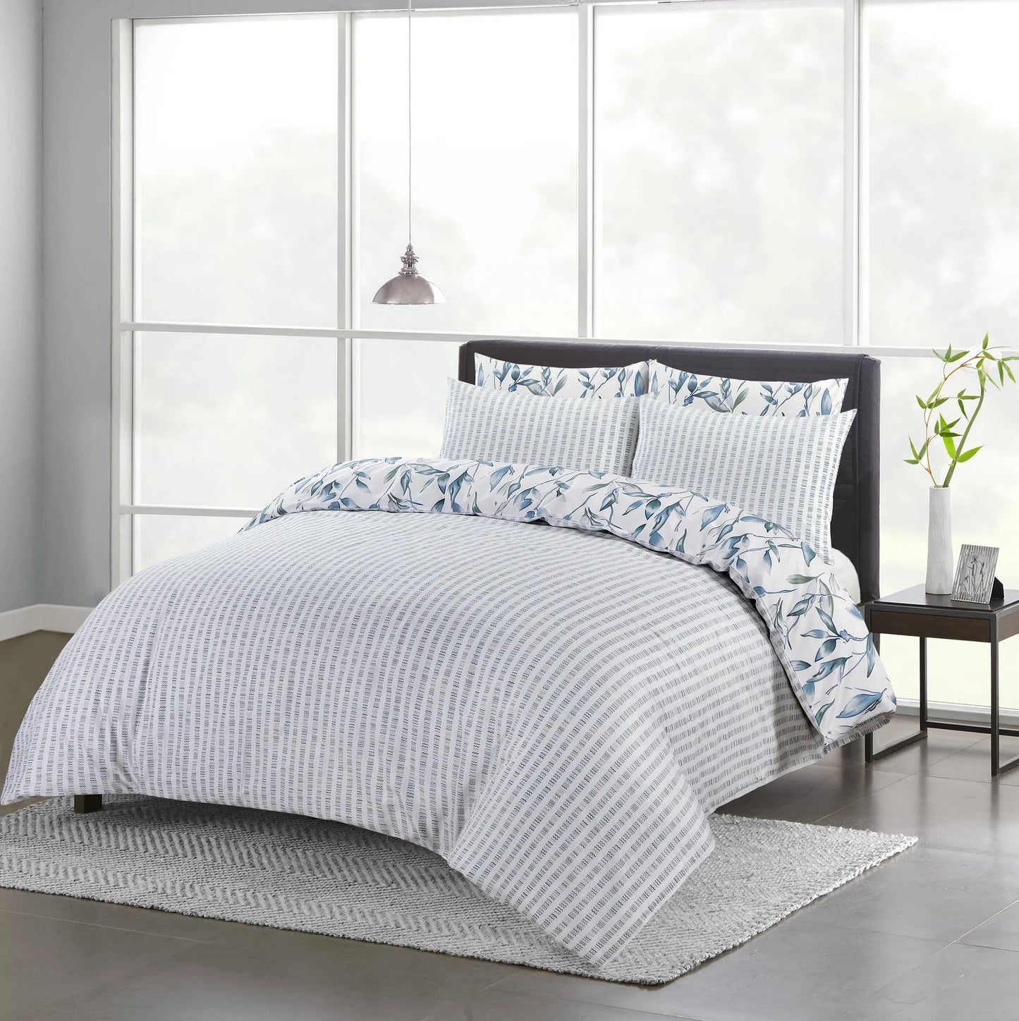 Vintage Blue duvet cover set showing the reversible grey and blue textured stripe side