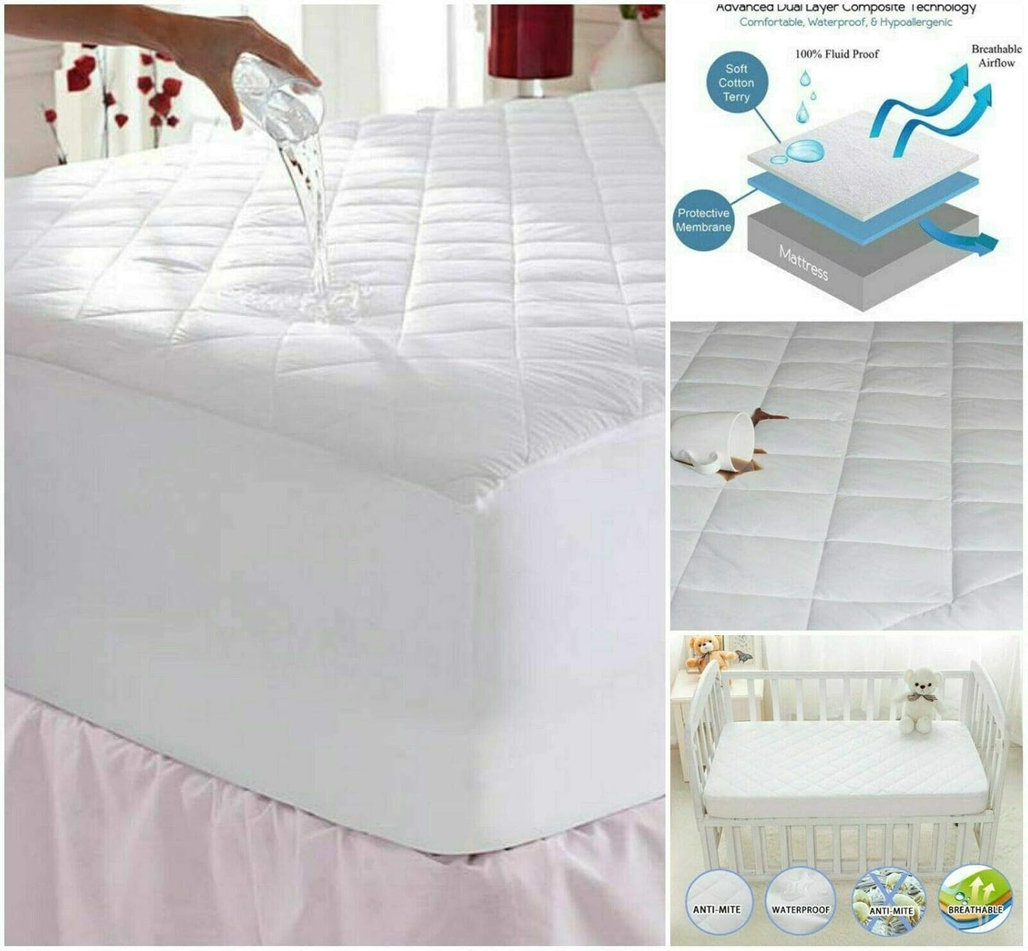 Waterproof mattress protector fitted on bed with quilted comfort surface