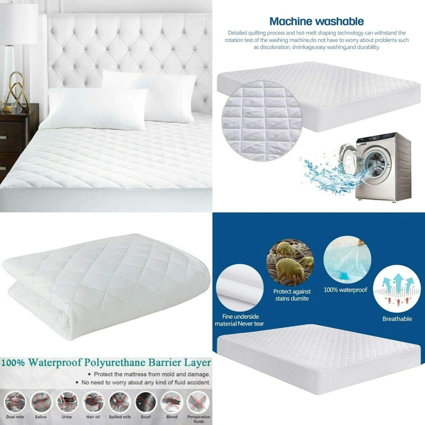 Machine washable waterproof quilted mattress protector for easy care