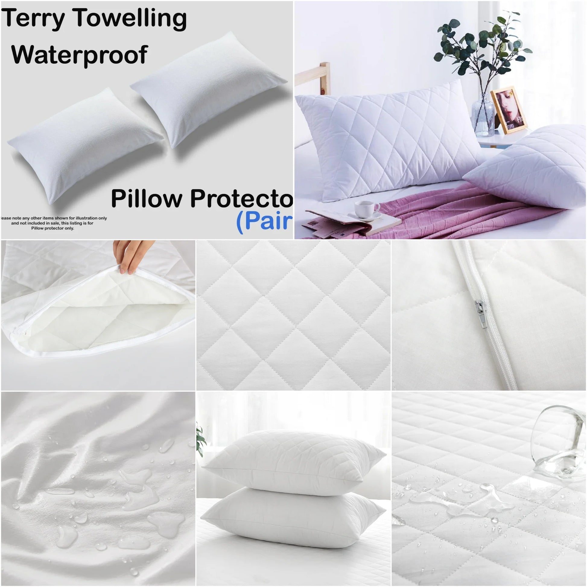 Waterproof quilted pillow protector showing zip, quilted surface and water protection