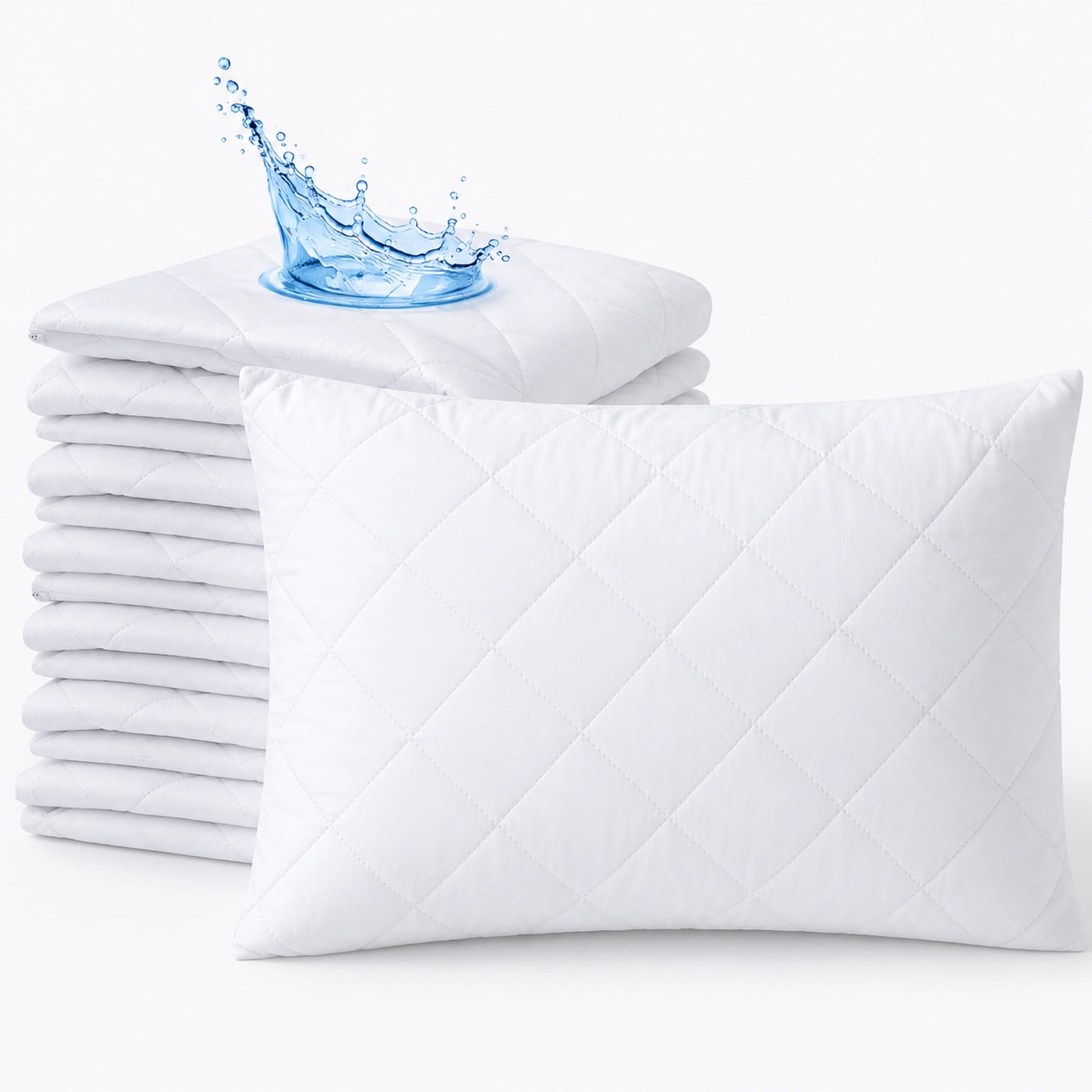 Waterproof quilted pillow protectors in white with zipped cover design