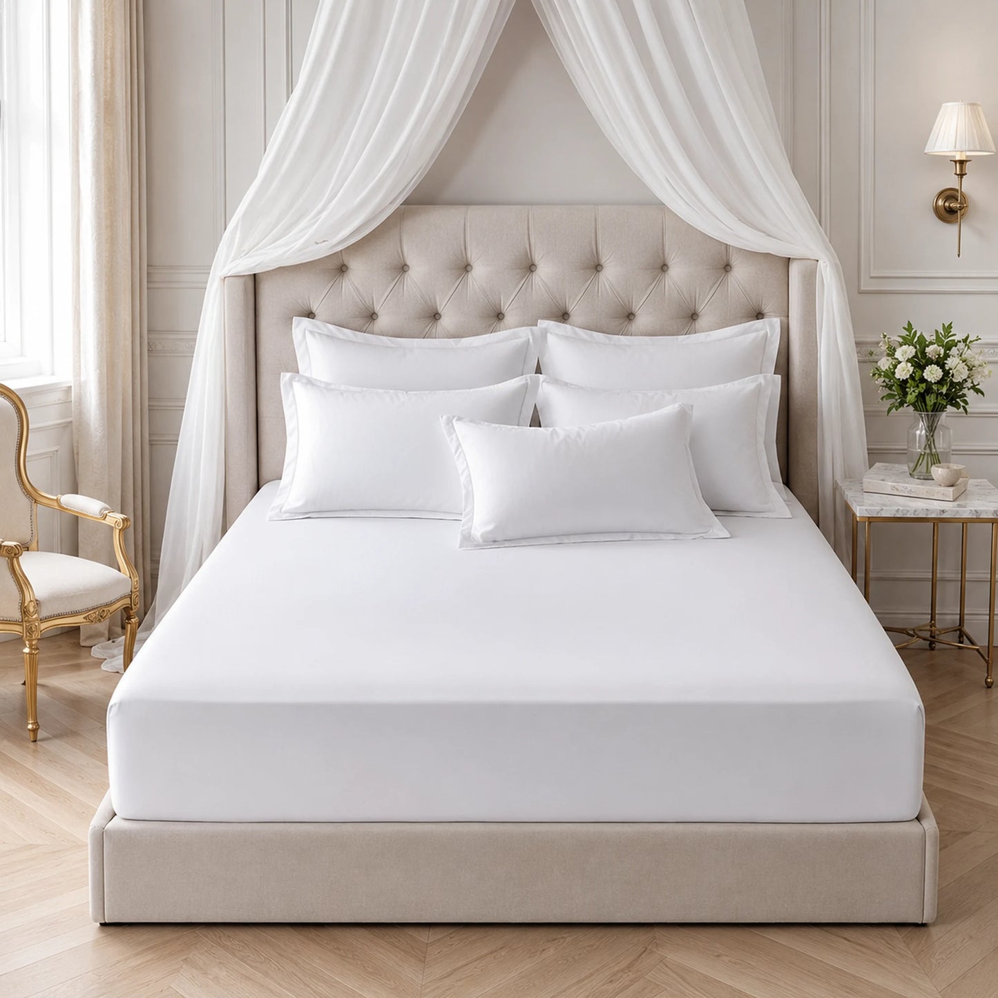 White 200 thread count 30cm deep fitted sheet on a bed.