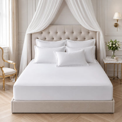 White 200 thread count 30cm deep fitted sheet on a bed.
