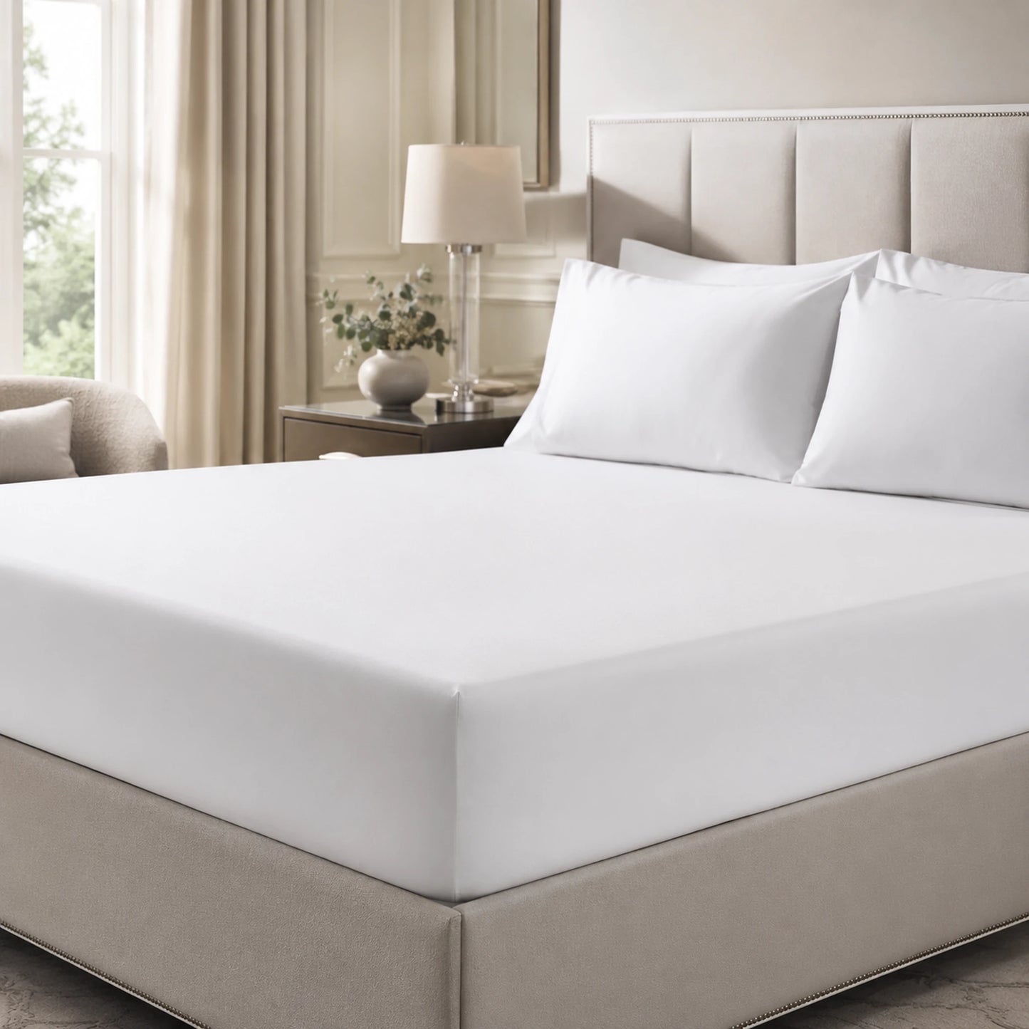 White 400 thread count 30cm deep fitted sheet on a bed