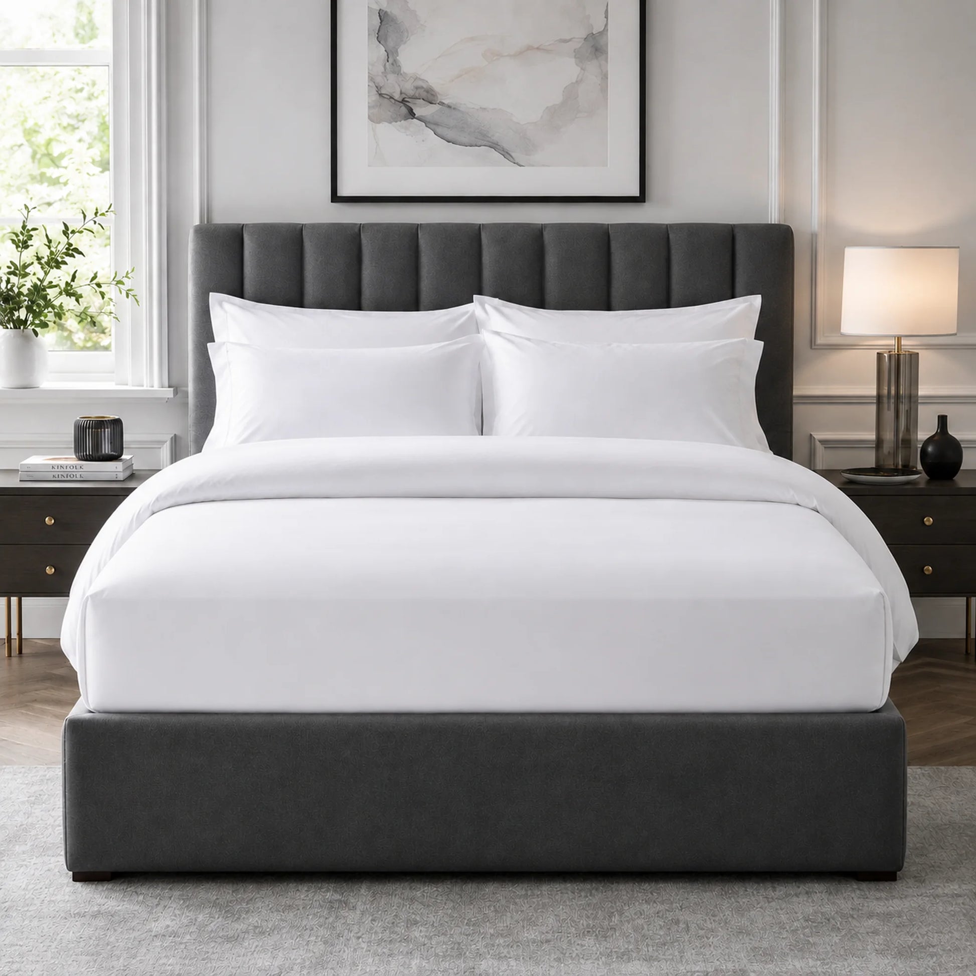 White 400 thread count 40cm extra deep fitted sheet on a bed

Grey