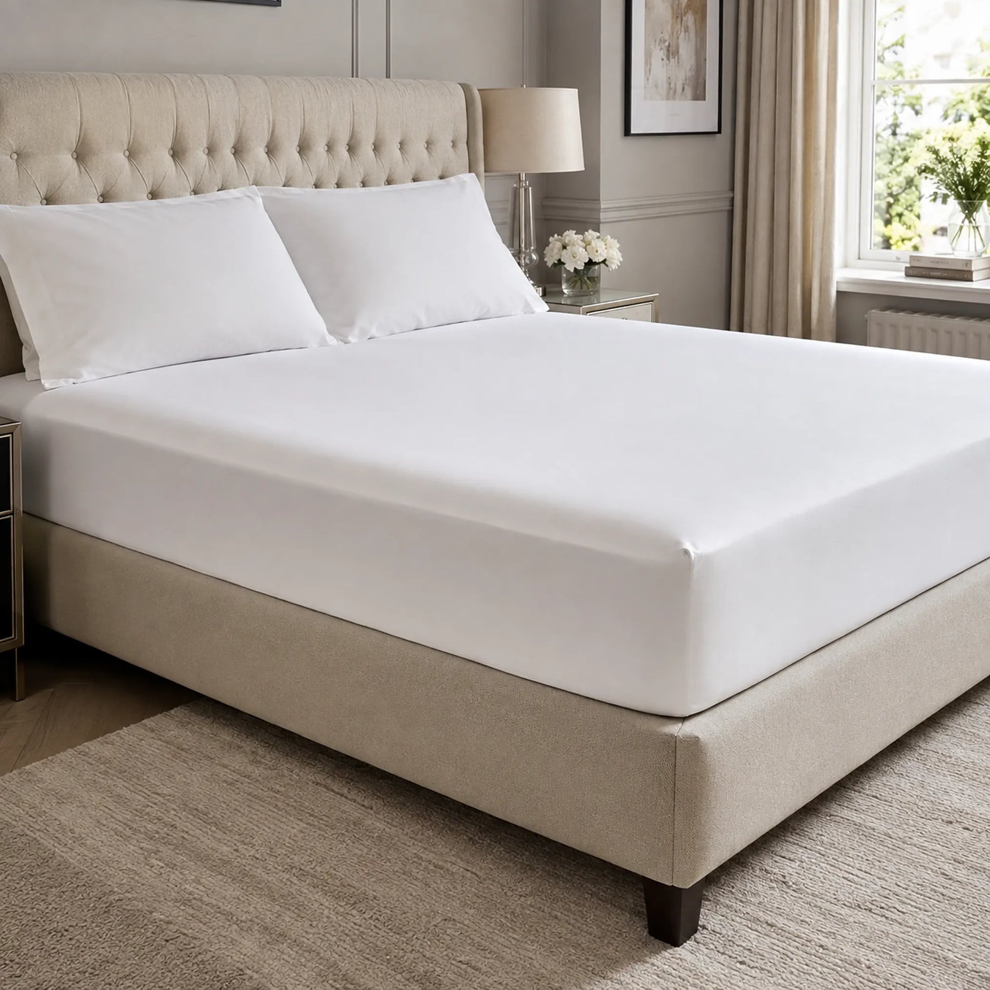 White 600 thread count 30cm deep fitted sheet on a bed