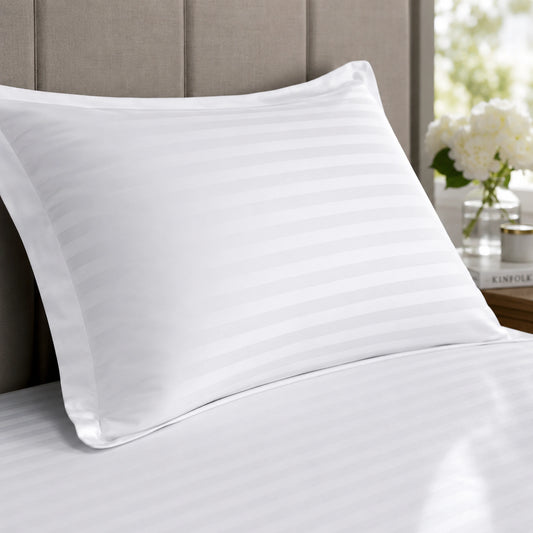 White 600 thread count striped pillowcase on a bed
