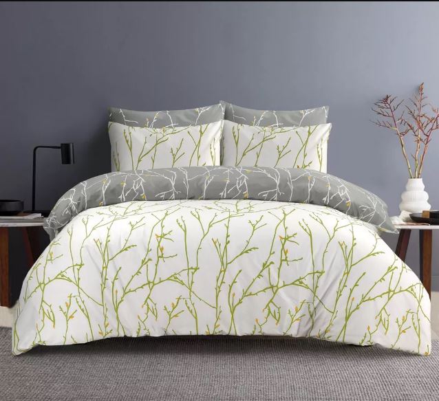 White duvet cover set with green branches and golden buds, reverse side of White Branches design