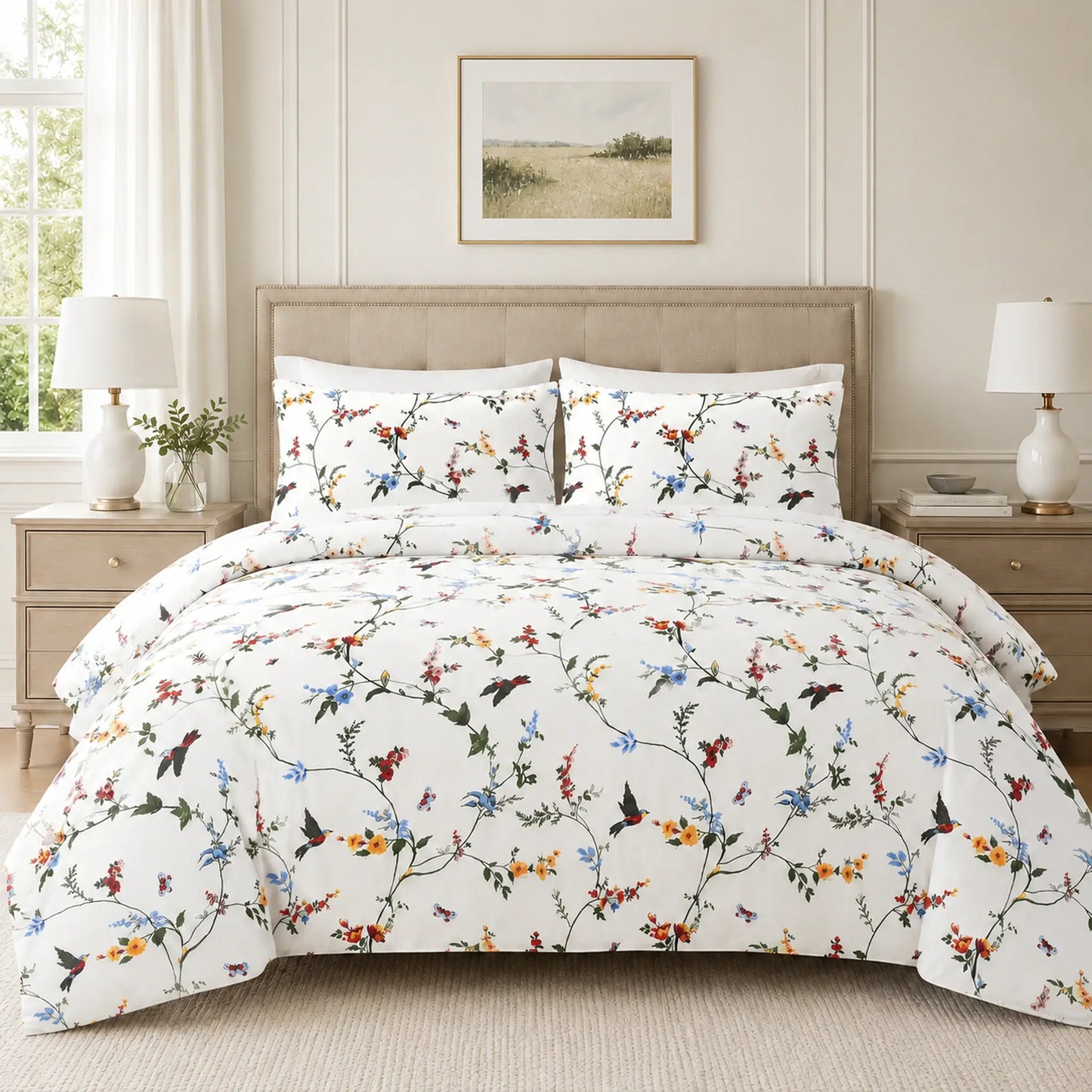 Flat lay of white floral duvet cover set showing both the floral and grey lattice reversible sides