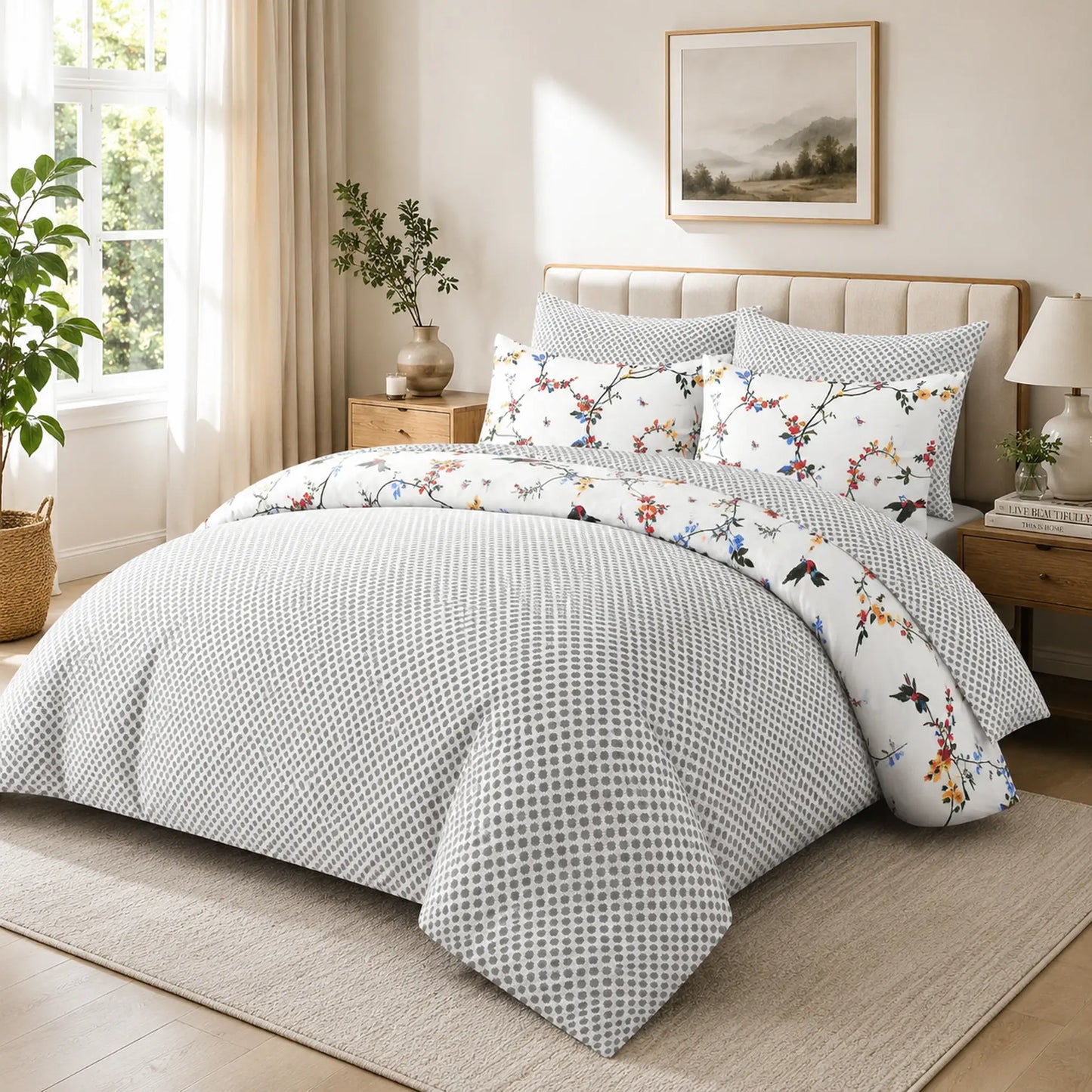 White floral duvet cover set showing the reversible grey lattice pattern side
