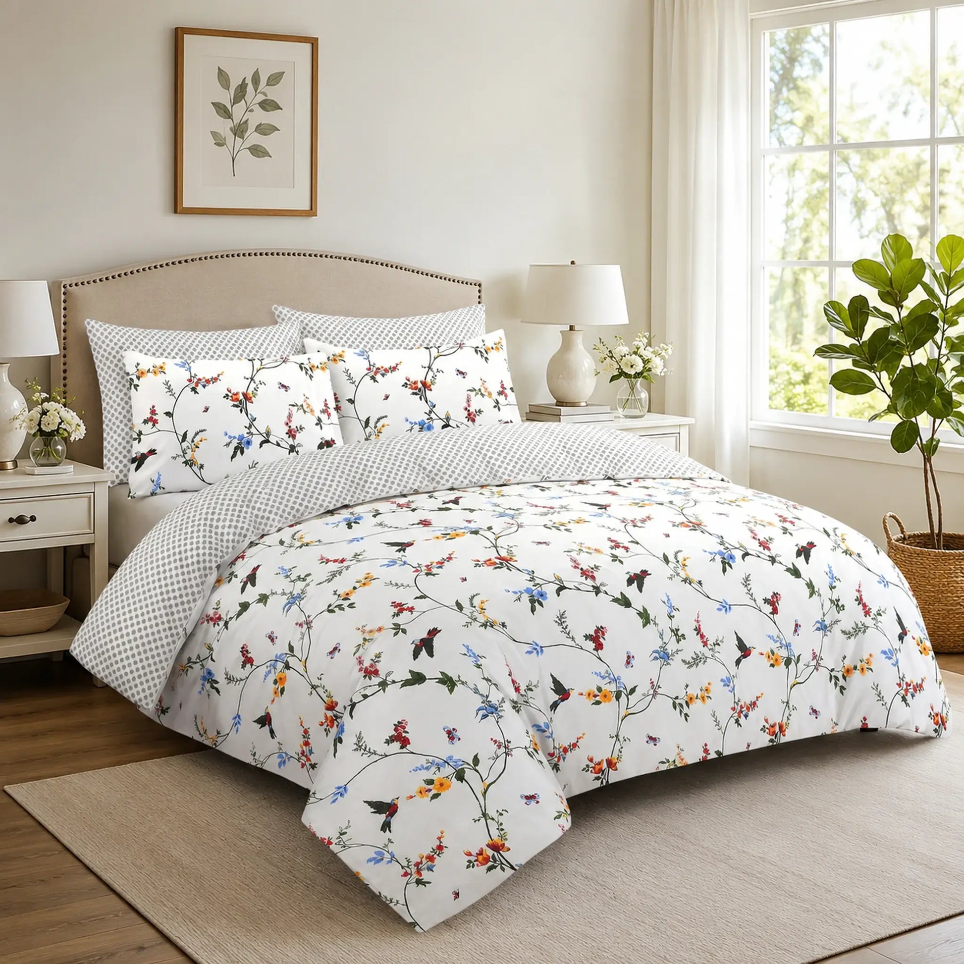 White floral duvet cover set with hummingbird and butterfly print styled on a bed